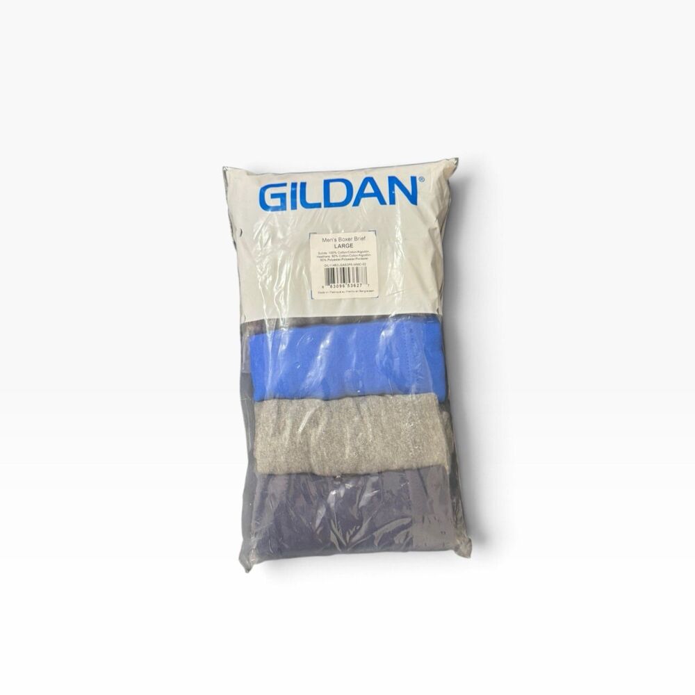 Gildan Mens Boxer Briefs Large 5 Pack New Sealed Cotton Blue Grey Assorted